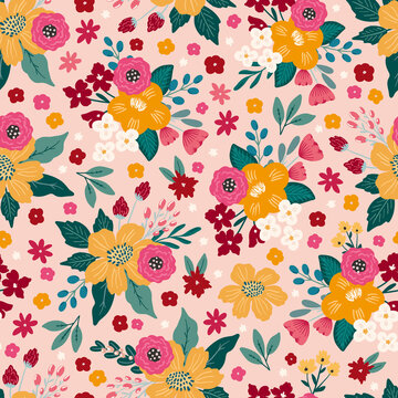 Seamless pattern with hand drawn flowers, florals,pumpkins, abstract elements. Repeating background for wrapping paper, fabric,textile, stationary products decoration. © saltoli