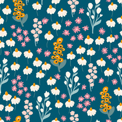 Seamless pattern with hand drawn flowers, florals,pumpkins, abstract elements. Repeating background for wrapping paper, fabric,textile, stationary products decoration.