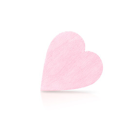 Pink wooden heart isolated on white background with soft shadow and reflection