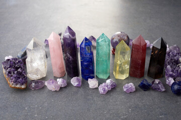 Healing Chakra crystals. Meditation, Reiki or spiritual healing background.