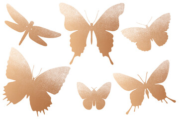 Butterflies and dragonflies. Bronze elements kit on white background