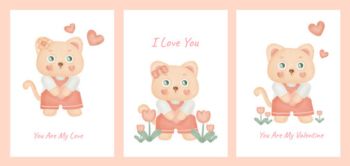 Set of valentine's day cards with cute cat.