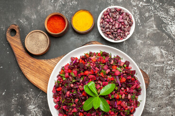 top view vinaigrette salad with beet and beans on grey background meal salad food diet