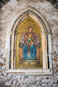 Byzantine mosaic depicting the Madonna and Child Jesus in the archway called Porta di Mezzo, Taormina, Sicily, Italy.
