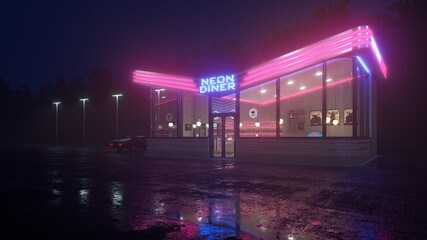 Obraz premium Neon diner and retro car late at night. Fog, rain and colour reflections on asphalt. 3d illustration