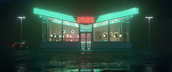 Fototapeta na wymiar Neon diner and retro car late at night. Fog, rain and colour reflections on asphalt. 3d illustration