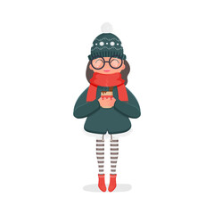 A girl in a winter knitted hat and a red scarf holds a hot drink in her hands. Girl in red boots and striped tights. Winter, christmas and new year concept. Vector.