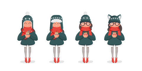 A girl in a winter knitted hat and a red scarf holds a hot drink in her hands. Girl in red boots and striped tights. Winter, christmas and new year concept. Vector illustration set.