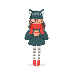 A girl in a winter knitted hat and a red scarf holds a hot drink in her hands. Girl in red boots and striped tights. Christmas and new year concept. Vector.