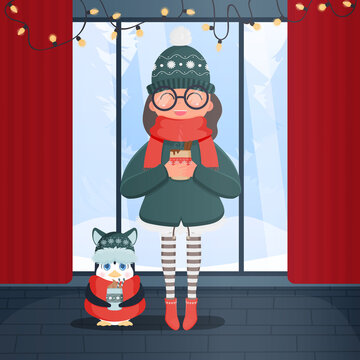 A girl in a winter knitted hat and a red scarf holds a hot drink in her hands. Little penguin in winter clothes. Ready postcard. Vector illustration.