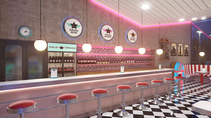 Retro diner interior with a tile floor, neon illumination, jukebox and art deco style bar stools. 3d illustration.