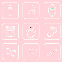 Set of pregnant and childbirth related vector line icons. Includes bottle, stroller, diaper, toy, socks, mittens, loving hearts, pregnancy test.