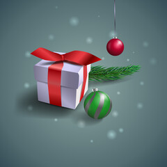 vector illustration of a wrapped gift, white box with red ribbon. Christmas theme with decorations, fir branch and glow. wonderful background for greeting card or holiday invitation.