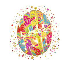 Easter egg in doodle style. Happy Easter hand lettering and floral ornament. Bright vector coloring page isolated on white background.