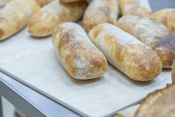 Ciabatta bread on the table. Making craft bread at the bakery