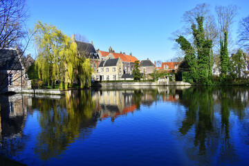 Fototapeta na wymiar reflection of houses on the river belgica