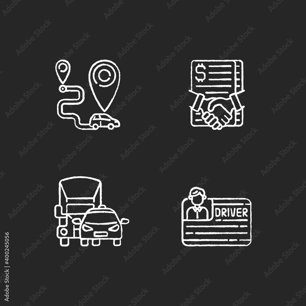 Wall mural Car sharing and rental service chalk white icons set on black background. Getting drivers license process. Truck sharing business creation. Isolated vector chalkboard illustrations