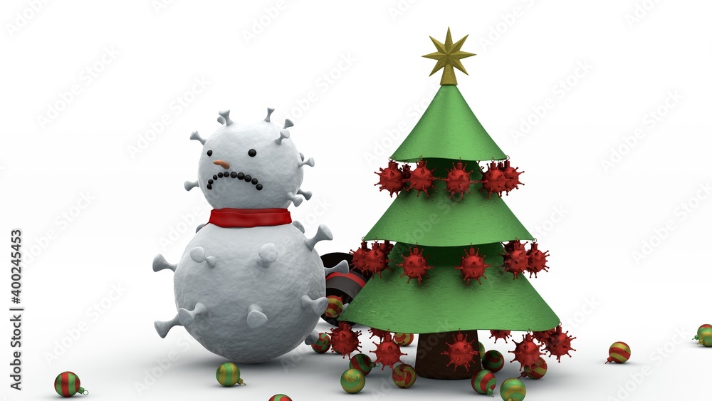 Aufkleber 3d rendering of a christmas tree with coronavirus toys. next to it is a snowman in the form of a cor