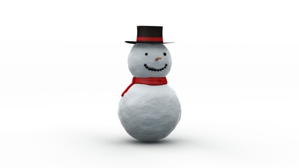 3d rendering of a snowman, a snow woman with a top hat and a scarf. Festive, New Year's 3D illustration for New Year's cards and compositions. Snowman isolated on white background.