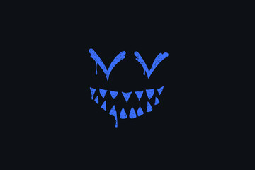 Abstract background, scary face with teeth. Creative background, blue face outline, toothy monster.
