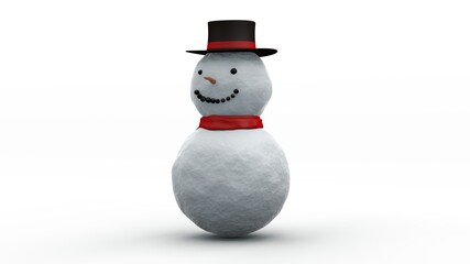 3d rendering of a snowman, a snow woman with a top hat and a scarf. Festive, New Year's 3D illustration for New Year's cards and compositions. Snowman isolated on white background.