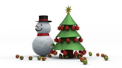 3d rendering of a snowman, a snow woman and a Christmas tree with toys in the form of the coronavirus covid-19. 3d illustration with the idea of spoiled holidays, isolated image on a white background.