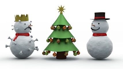 3d rendering of New Year's and Christmas trees. There are snowmen on both sides. One snowman in the form of a coronavirus with a golden crown. The idea of the threat of New Year's holidays .