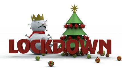 3d rendering of a christmas tree with coronavirus toys. Next to it is a snowman in the form of a coronavirus with a golden crown and a red text. spoiled new year's holidays, quarantine and lockdown.