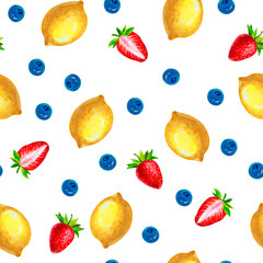 Seamless fruit pattern. Gouache drawn lemon, blueberry and strawberry.