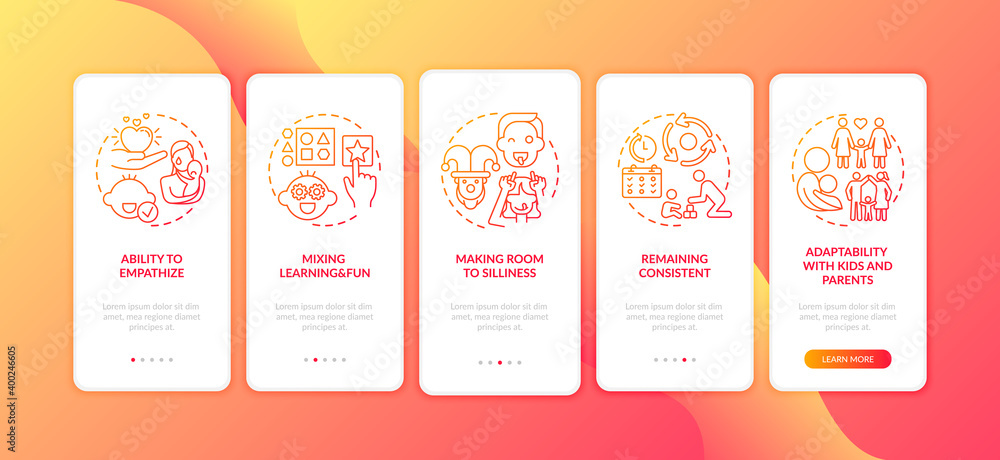 Poster baby learn and play red onboarding mobile app page screen with concepts. emotional development. pare