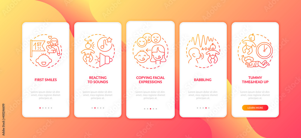 Poster baby early sensory development red onboarding mobile app page screen with concepts. toddler ability.