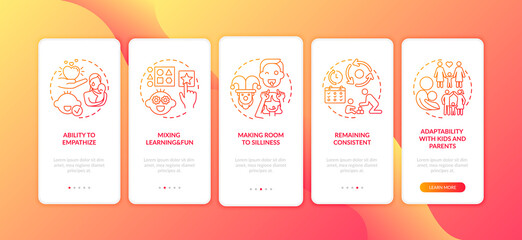 Naklejka premium Baby learn and play red onboarding mobile app page screen with concepts. Emotional development. Parenthood walkthrough 5 steps graphic instructions. UI vector template with RGB color illustrations