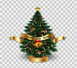 Christmas tree decorated with gift boxes, balls, stars and bells.Christmas tree on transparent background.Christmas tree decorated for Christmas New Year.
