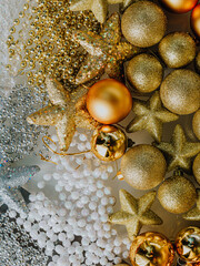 Festive Decoration. Christmas decoration. Snow globes and golden stars Christmas composition.