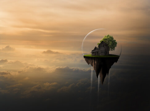 Maison volant- couch&eacute; de soleil - l&eacute;vitation - Photomontage