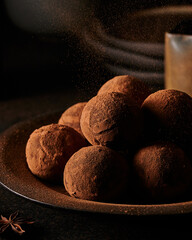 Chocolate truffles in cocoa dusting on dark brown ceramic plate, cocoa dust sprinkling on them from the top. Dark brown ceramic plates and cup on background