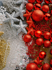 Festive Decoration. Christmas decoration. Snow globes and golden stars Christmas composition.