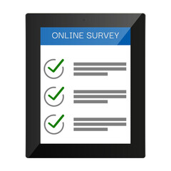 Online survey concept for infographics, web banners. Online form on tablet computer. Flat style vector illustration on white background.