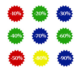Sale discount icons in flat style isolated on white background. Special offer price signs. 10, 30 40 50 to 90 percent off reduction symbols. Vector.