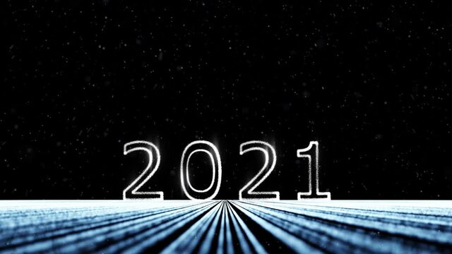 Abstract digital 2021 new year celebration with snowflakes on a night black sky copy space animation background.