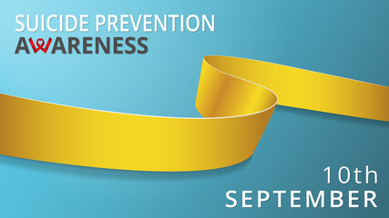 Realistic yellow ribbon. Awareness suicide prevention month poster. Vector illustration. World suicide prevention day solidarity concept. 10th of september.