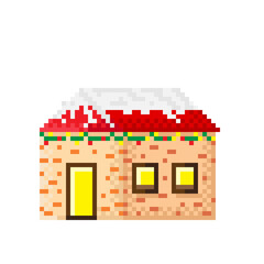 Winter house pixel art. Vector illustration. Merry Christmas illustration.