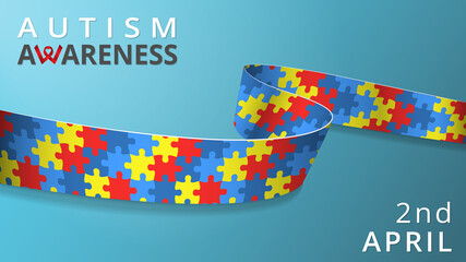 Realistic mosaic ribbon. Awareness autism month poster. Vector illustration. Colorful puzzles. Childlike background. World autism day solidarity concept. 2nd of April.