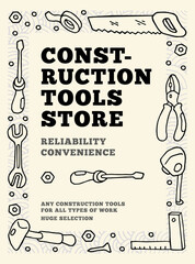 Construction tools store poster with doodle style frame