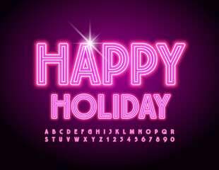 Vector bright led event flyer Happy Holiday. Light tube Font. Pink Neon Alphabet Letters and Numbers set