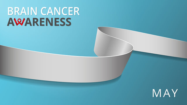 Realistic gray ribbon. Awareness brain cancer month poster. Vector illustration. World brain cancer day solidarity concept. Blue background. Symbol of asthma awareness.