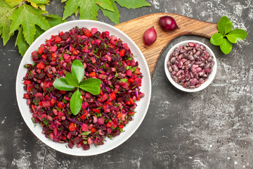 top view vinaigrette salad with beet and beans on grey background salad health diet