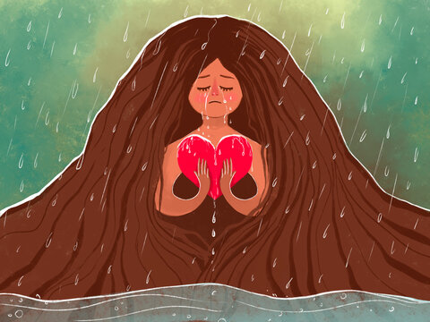 illustration of a girl in tears and with an unhappy heart. Love suffering, tears, despondency, breakdown of relationships. Rain as a symbol of crying