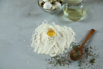 ingredients for homemade pasta. Food background: macaroni, spagetti, egg, flour