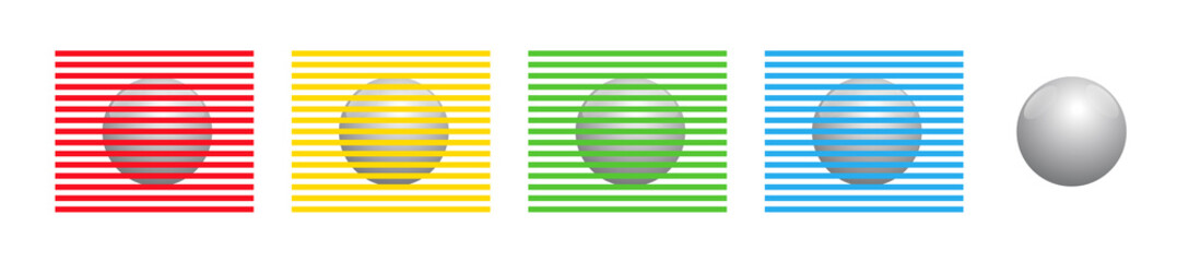 Different colored stripes seem to color the identical spheres, but they are all of the same gray. Munker-White illusion. Isolated vector illustration on white background.
